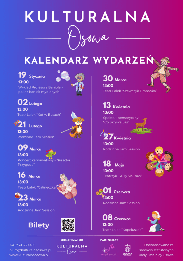 Plakat z kalendarzem wydarzeń – harmonogram teatrzyków i Rodzinnych Jam Sessions w Gdańsku.